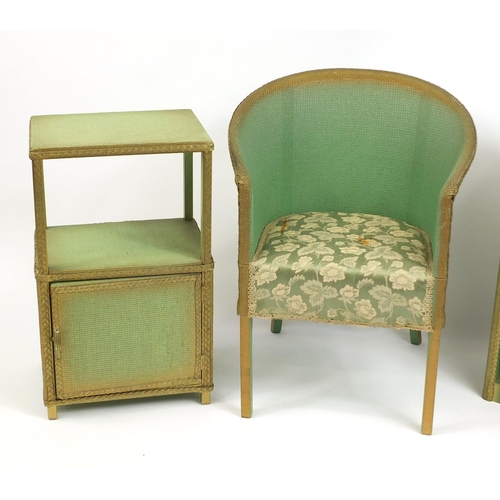 160 - Lloyd Loom style tub chair, bedside cupboard and bookcase, the largest 76cm high