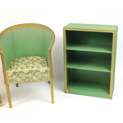 160 - Lloyd Loom style tub chair, bedside cupboard and bookcase, the largest 76cm high