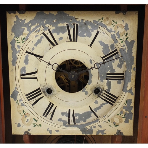 255 - American mahogany cased wall hanging clock with hand painted glass door, 66cm high