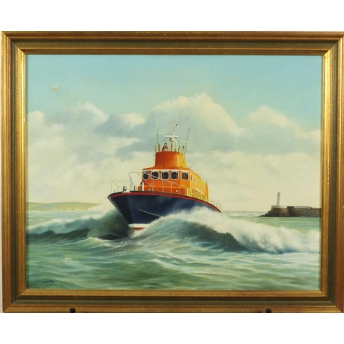 34 - Sutcliffe - Newhaven Harbour and lifeboat, two oil on canvases, framed, the largest 75cm x 49cm