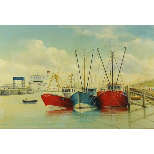 34 - Sutcliffe - Newhaven Harbour and lifeboat, two oil on canvases, framed, the largest 75cm x 49cm