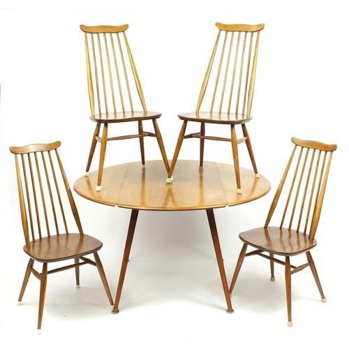 2 - Ercol elm drop leaf table and four stickback chairs, the table 71cm H x 63cm W (folded) x 112cm D