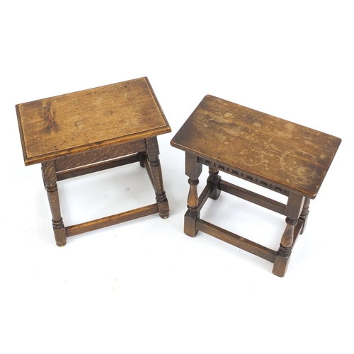 114 - Two oak stools the largest 47cm H x 46cm W x 25cm D