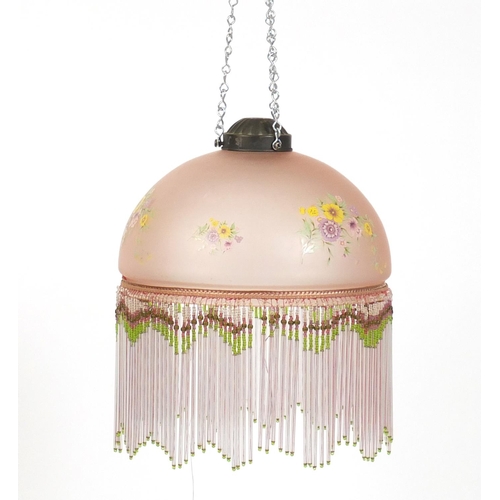 122 - Hand painted pink glass light shade with glass drops, 22cm in diameter