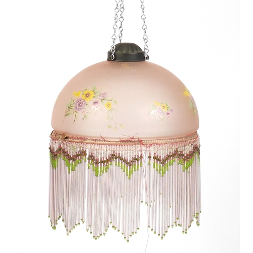 122 - Hand painted pink glass light shade with glass drops, 22cm in diameter