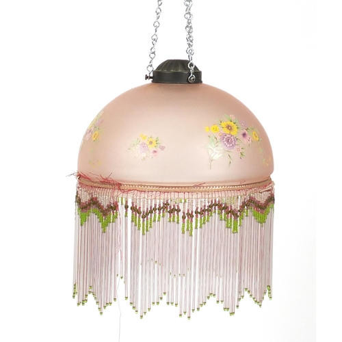 122 - Hand painted pink glass light shade with glass drops, 22cm in diameter