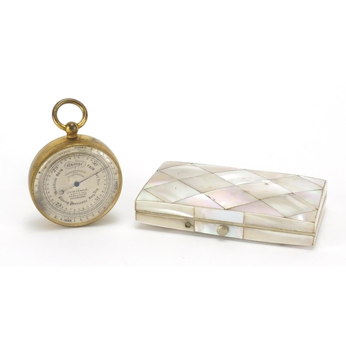 32 - Mother of pearl concertina card case and a brass compensated pocket barometer by John Lennie of Edin... 