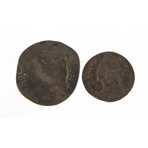 177 - George II 1742 penny and an Elizabethan 1587 three penny