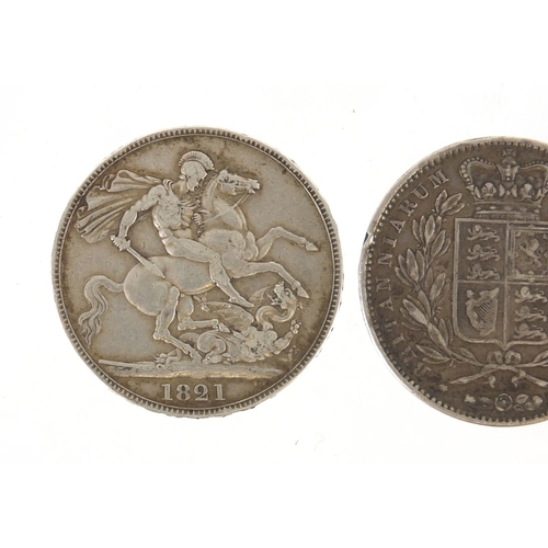 179 - Three George IV and later crowns comprising dates 1821, 1821 and 1845