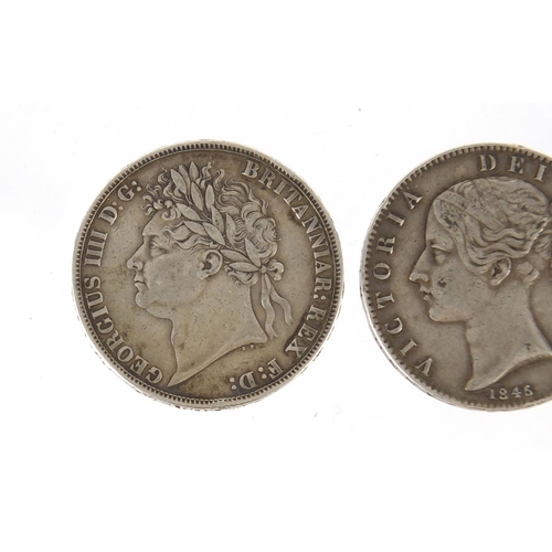 179 - Three George IV and later crowns comprising dates 1821, 1821 and 1845