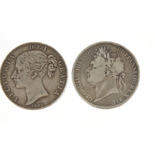 179 - Three George IV and later crowns comprising dates 1821, 1821 and 1845