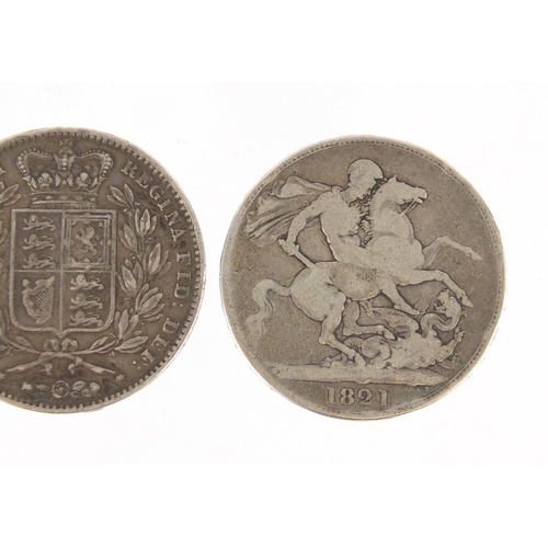 179 - Three George IV and later crowns comprising dates 1821, 1821 and 1845