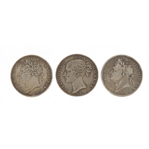 179 - Three George IV and later crowns comprising dates 1821, 1821 and 1845