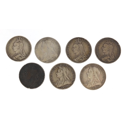 194 - Seven William IV and later crowns comprising dates 1821,1889, 1889, 1891, 1893, 1896 and 1900