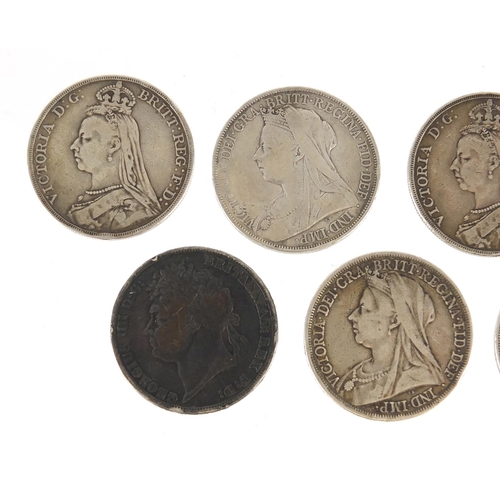 194 - Seven William IV and later crowns comprising dates 1821,1889, 1889, 1891, 1893, 1896 and 1900