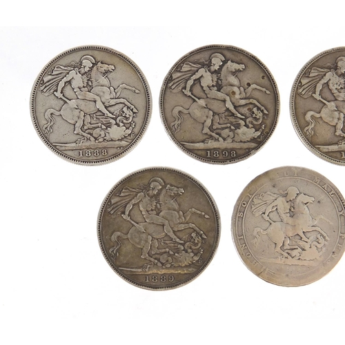 178 - Seven George III and later crowns comprising dates 1819, 1888, 1889, 1889, 1892, 1897 and 1898