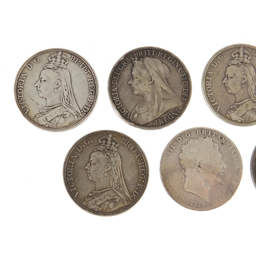 178 - Seven George III and later crowns comprising dates 1819, 1888, 1889, 1889, 1892, 1897 and 1898