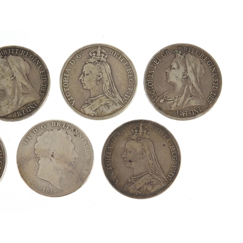 178 - Seven George III and later crowns comprising dates 1819, 1888, 1889, 1889, 1892, 1897 and 1898