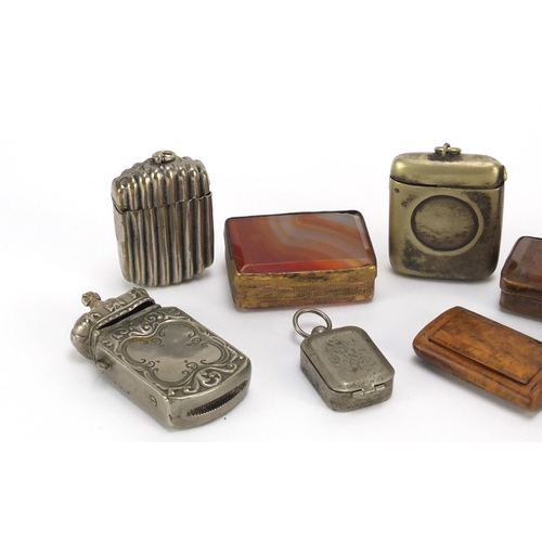 22 - Objects including travel sundial, hardstone boxes, vesta's and a burr snuff box