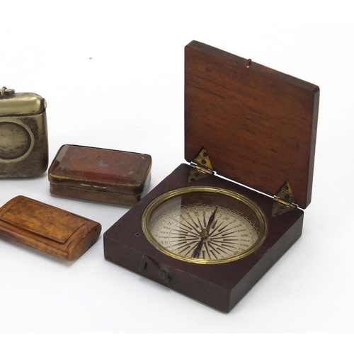22 - Objects including travel sundial, hardstone boxes, vesta's and a burr snuff box