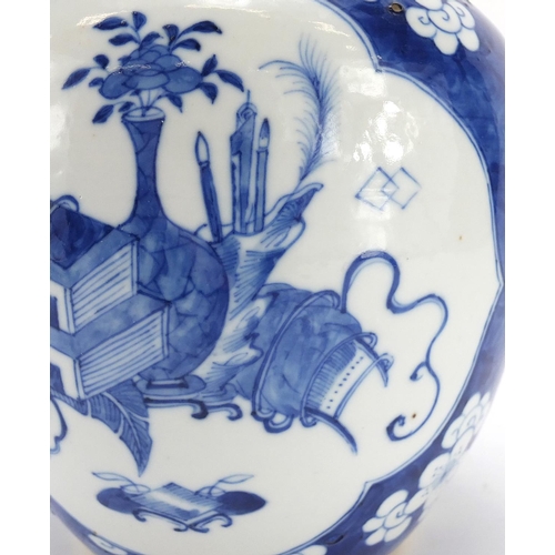 303 - Chinese blue and white porcelain lidded ginger jar, hand painted with panels of precious objects ont... 