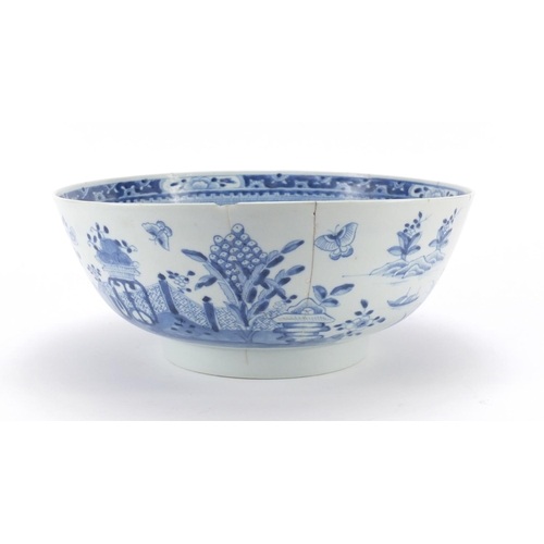 346 - Large Chinese blue and white porcelain bowl, hand painted with flowers and butterflies, 29.5cm in di... 