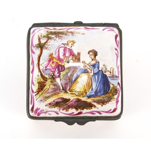 23 - Antique French enamel patch box, hand painted with two lovers before a landscape and flowers, inscri... 