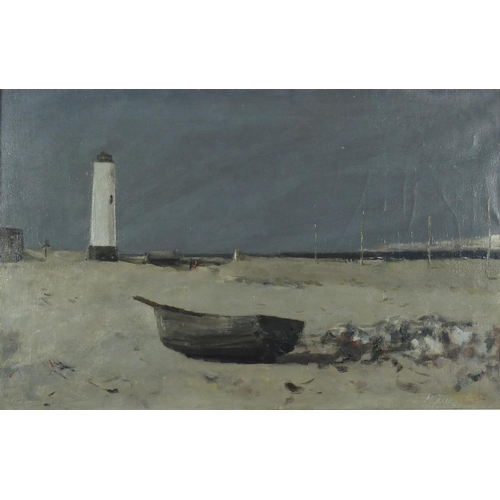 849 - Coastal scene with moored boats and a lighthouse, oil on canvas, bearing an indistinct signature, fr... 