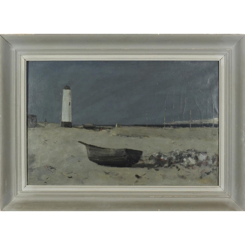 849 - Coastal scene with moored boats and a lighthouse, oil on canvas, bearing an indistinct signature, fr... 