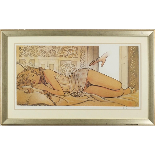 907 - Milo Manara - Sleeping nude female, pencil signed print in colour, mounted and framed, 72cm x 37cm