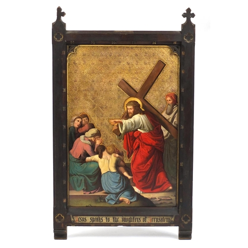 740 - Jesus Speaks to the Villagers of Jerusalem, 19th century religious oil on metal panel, housed in a c... 