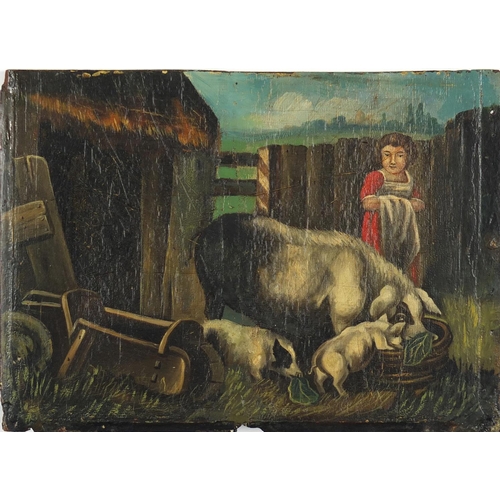 845 - Farm lady with pigs, 18th century primitive oil on wood panel, unframed, 26.5cm x 19.5cm