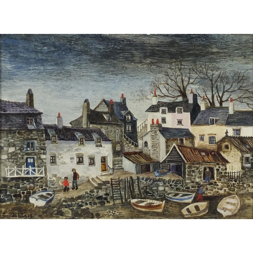 758 - Brenda King 1978 - Low Tide, Polperro, oil on board, mounted and framed, 19cm x 14cm