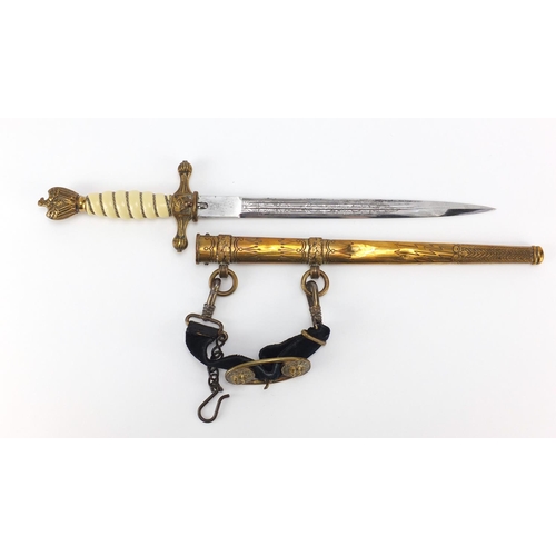 265 - German Military interest Naval dagger with scabbard with etched steel blade by Carl Eickhorn, 42cm i... 