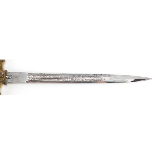 265 - German Military interest Naval dagger with scabbard with etched steel blade by Carl Eickhorn, 42cm i... 