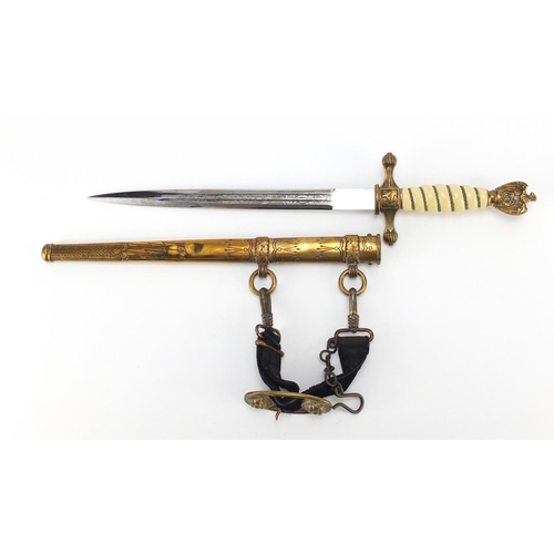 265 - German Military interest Naval dagger with scabbard with etched steel blade by Carl Eickhorn, 42cm i... 