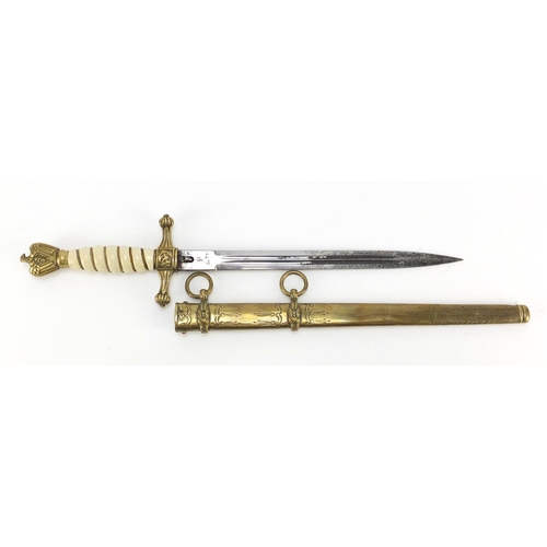 266 - German Military interest Naval dagger with scabbard and steel blade impressed N.77, 42cm in length