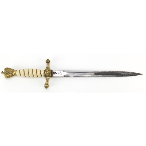 266 - German Military interest Naval dagger with scabbard and steel blade impressed N.77, 42cm in length