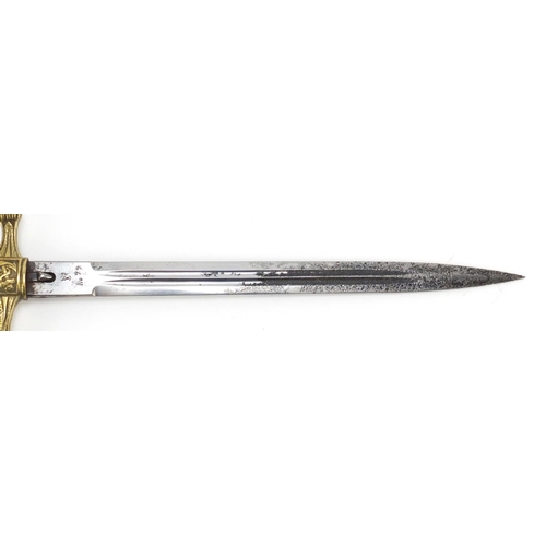 266 - German Military interest Naval dagger with scabbard and steel blade impressed N.77, 42cm in length