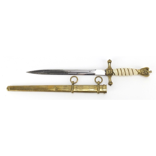 266 - German Military interest Naval dagger with scabbard and steel blade impressed N.77, 42cm in length