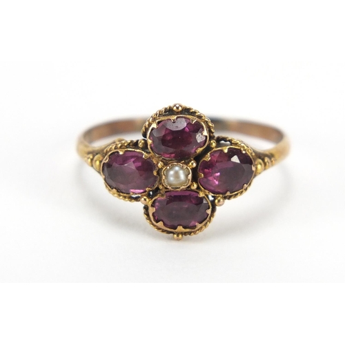 670 - Georgian unmarked gold amethyst and seed pearl ring, size Q, 1.6g