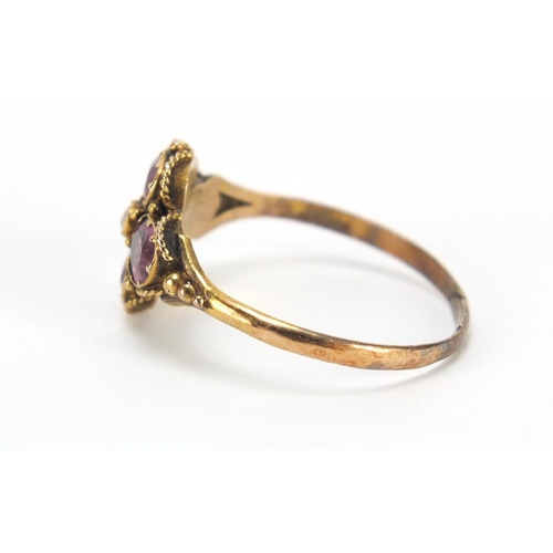 670 - Georgian unmarked gold amethyst and seed pearl ring, size Q, 1.6g