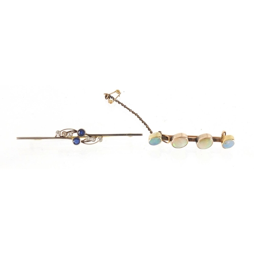 666 - Two unmarked gold bar brooches set with opals, diamonds and sapphires, the largest 6cm in length, 7.... 