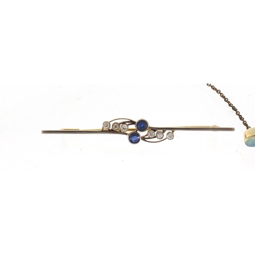 666 - Two unmarked gold bar brooches set with opals, diamonds and sapphires, the largest 6cm in length, 7.... 