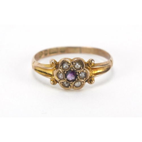 685 - Edwardian 9ct gold seed pearl and amethyst ring with scroll shoulders, Chester 1908, size L, 1.0g