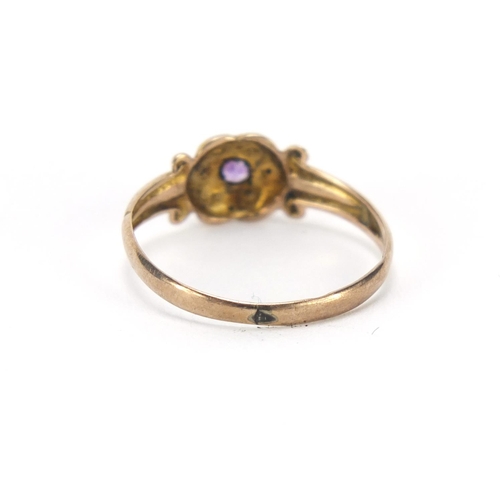 685 - Edwardian 9ct gold seed pearl and amethyst ring with scroll shoulders, Chester 1908, size L, 1.0g