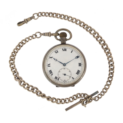 726 - Gentleman's silver open face pocket watch with subsidiary dial on a graduated silver watch chain, th... 