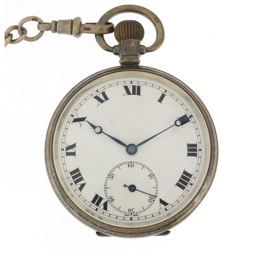 726 - Gentleman's silver open face pocket watch with subsidiary dial on a graduated silver watch chain, th... 