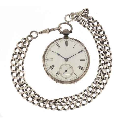 728 - Victorian silver open face pocket watch on a silver watch chain, the fusee movement numbered 32993, ... 