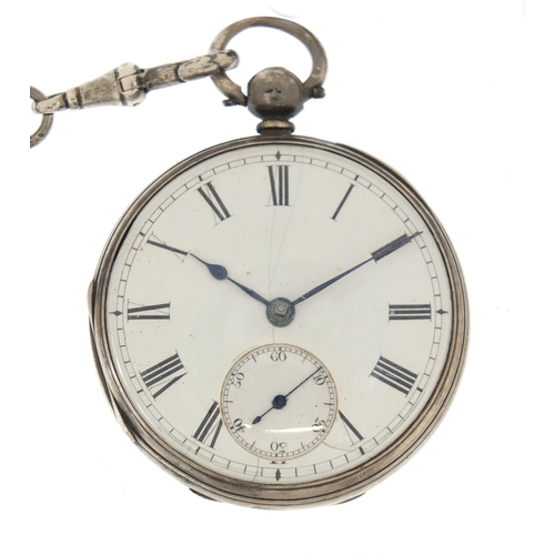 728 - Victorian silver open face pocket watch on a silver watch chain, the fusee movement numbered 32993, ... 